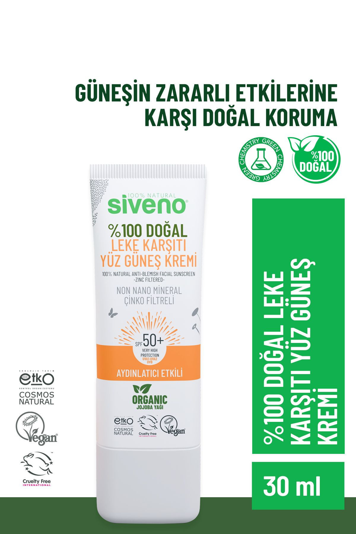 Siveno %100 Doğal Leke Karşıtı Aydınlatıcı 30 ml 50 Faktör Güneş Kremi