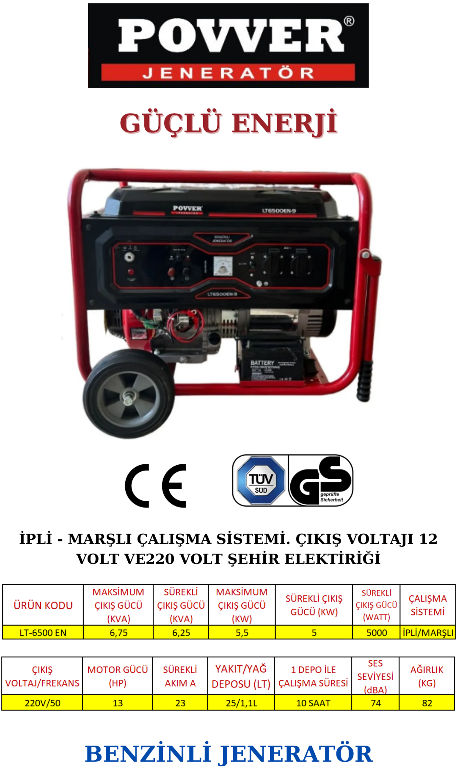 ギター JEN POWER BOOSTER Power LT6500 En 5,5 Kw - 6,75 Kva Benzinli Jeneratör Ipli Marşlı