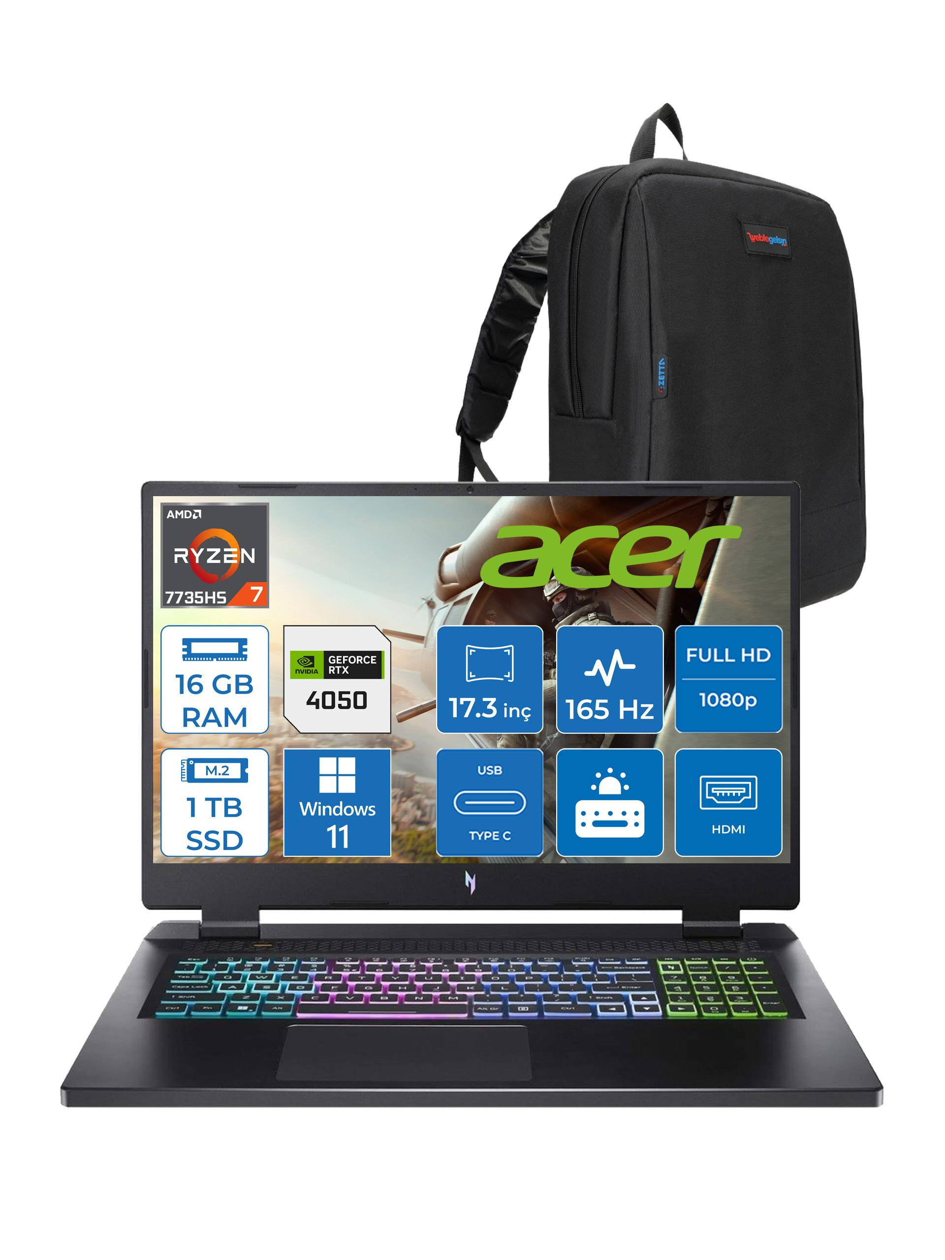 Acer Nitro 17 Amd Ryzen 7 7735HS 16GB Ddr5 1tb SSD RTX4050 140W 