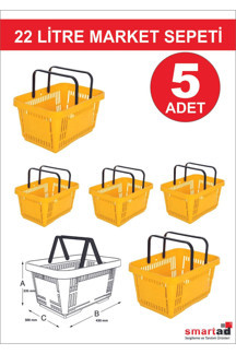 Modern Raf 22 Litre 5 Adet Market Sepeti, Alışveriş Sepeti, Saplı Market Sepeti Sarı - Image 1