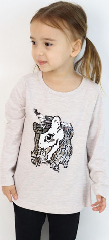 Breeze Kız Çocuk Uzun Kollu Tişört Pullu Unicorn 4-8 Yaş, Bej Melanj - Image 1