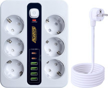 Leeways Akım Korumalı 6'lı Grup Priz 4 USB'li ve 2 TYPE-C li 6'lı Grup Priz 2 m Kablo Çocuk Korumalı - Image 1