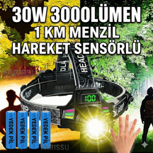 Farissu Yedek Pilli 30W Sensörlü Kafa Lambası - Dijital Şarj Göstergeli, 3000 Lümen, Type-C Şarjlı Su Geçirmez - Image 1