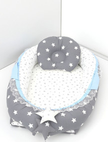 Umay Bebek Babynest, Bebek Uyku Yatağı 0-2 Yaş - Pamuk Kumaş - Koyu Gri Mavi - Image 1