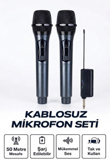 Profesyonel Çiftli Kablosuz Mikrofon Seti Karaoke Şarj Edilebilir 50 Metre - Image 1