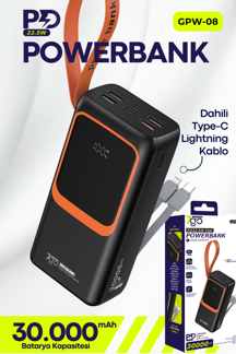 7GO GPW-08 30000mAh PD22.5W Hızlı Şarj Powerbank | 4 USB Çıkışlı, Dahili Type-C & Lightning Kablolu, - Image 1