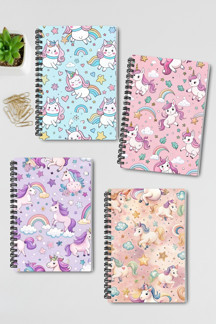 Renkli Unicorn Tasarım Tel Spiralli A5 Çizgisiz 4'lü Hatıra, Anı, Okul Defter Seti - Image 1