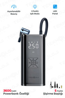 Oto Kompresör Şarjlı Taşınabilir Powerbank El Fenerli Araç Lastik Şişirme Pompası Flaşör Göstergeli - Image 1