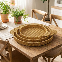 Go İthalat İç İçe Geçebilen 3’lü Yuvarlak Plastik Rattan Tepsi Seti–Hasır Görünümlü Çok Amaçlı Servis ve Sunum Tepsileri (5250) - Image 1