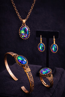 İyyakee Kadın Bakır Bileklik Yüzük Küpe Kolye Takım Seti Doğal Mistik Topaz Oval Model Bakır Set - Image 1