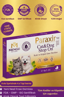 Mengu Petcare Paraxir Kedi ve Köpek Damlası Pire Dış Parazit Bit Kene Deri Bakımı Için Bitkisel Damla ( 1-10 Kg ) 4 Tüp x 1 ml - Image 1