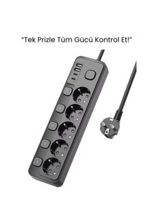 Smayling 5 Priz + 4 Usb (2 Type-C) Akım Korumalı Anahtarlı Uzatma Kablosu – 2 Metre - Image 1