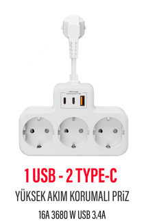 Çoklu Kablolu Priz -Priz Çoğaltıcı-Priz Dönüştürücü 1USB - 2Type-C Girişli Yüksek Akım Korumalı Fiş - Image 1