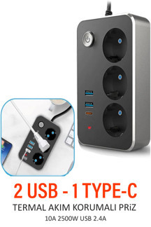 3 lü Priz Kablolu Grup Priz 2 Metre Kablo Anahtarlı USB - Type-C Şarj Adaptörü 2M Kablolu - Image 1