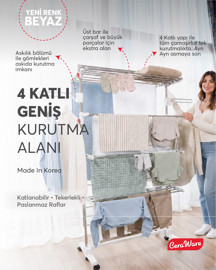 Ceraware Home S4 Premium 4 Katlı BEYAZ Çamaşırlık Made in Korea Tam Katlanır Tekerlekli Çamaşır Kurutmalık - Image 1