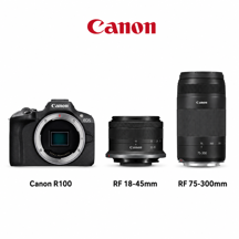 Canon R100 Aynasız Fotoğraf Makinesi RF 18-45 + RF 75-300 Double Lens Kit - Image 1