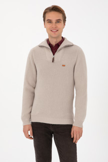 U.S. Polo Assn. Erkek Regular Fit Yarım Fermuarlı Taş Kazak - Image 1