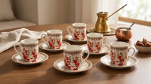 LEYLART 6'lı Çiçek Desenli Türk Kahvesi Fincan Takımı 6 Kişilik, Vintage Kahve Fincanı Seti - Image 1