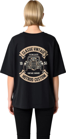 Kadın Oversize Tişört %100 Pamuk Vintage Araba Baskılı Hotrod Garage Desenli Rahat Kesim Günlük - Image 1