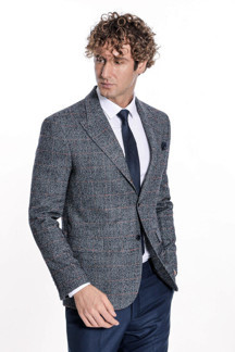 Ekose Desen Slim Fit Lacivert Erkek Ceket - Wessi - Image 1