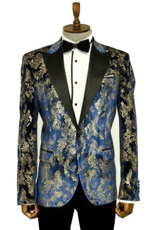 Dik Yaka Slim Fit Altın Desenli Lacivert Erkek Balo Ceket - Wessi - Image 1
