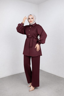 Weak Blue Şık Tesettür Tunik Pantolon Takım – Kuşaklı Düğmeli Uzun Kollu İkili Takım - Image 1