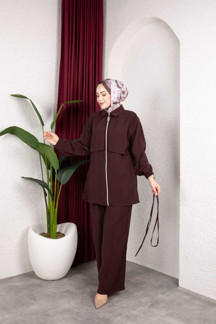 Weak Blue Kadın Tesettür Takım Çift Kat Görünümlü Fermuarlı Tunik Bol Paça Pantolon Moda Kumaş İkili Takım - Image 1