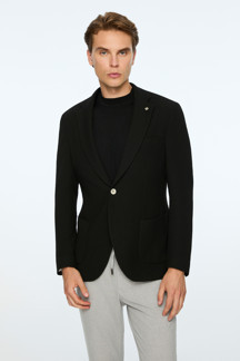 Erkek Siyah Poliviskon Trend Desenli Slim Fit Ceket - Image 1
