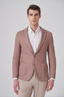 Erkek Bej Örme Trend Kareli Slim Fit Mono Yaka Ceket - Image 1