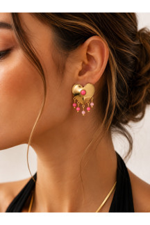Hector&Co. Jewellery Pembe Taşlı Kalp Figürlü Sallantılı Gold Kadın Küpesi | Vintage Tasarım - Image 1