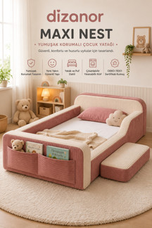 Dizanor Yeni Nesil Maxi Nest %100 Sünger ve Yıkanabilir Fermuarlı Kumaşa Sahip Bebek, Çocuk ve Genç Montessori Karyola Baza ve Başlık Yatağı Seti - 70 x 140 / Pembe Fitilli - Image 1