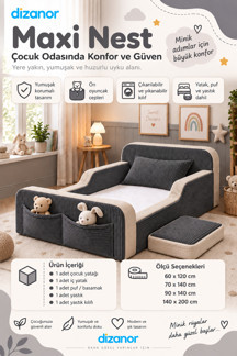 Dizanor Yeni Nesil Maxi Nest %100 Sünger ve Yıkanabilir Fermuarlı Kumaşa Sahip Bebek, Çocuk ve Genç Montessori Karyola Baza ve Başlık Yatağı Seti - 70 x 140 / Siyah - Image 1
