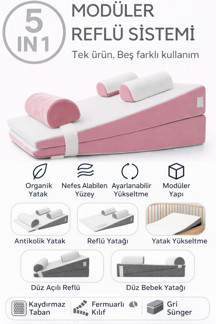 SABY 5 in 1 Modüler Bebek Reflü Yatağı – Antikolik - Düz Yatış - 30° Açılı Reflü Yatağı - Pembe - Image 1