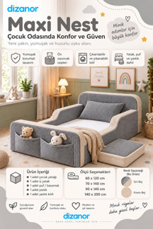 Dizanor Yeni Nesil Maxi Nest %100 Sünger ve Yıkanabilir Fermuarlı Kumaşa Sahip Bebek, Çocuk ve Genç Montessori Karyola Baza ve Başlık Yatağı Seti - 90 x 190 / Gri Fitilli - Image 1