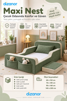 Dizanor Yeni Nesil Maxi Nest %100 Sünger ve Yıkanabilir Fermuarlı Kumaşa Sahip Bebek, Çocuk ve Genç Montessori Karyola Baza ve Başlık Yatağı Seti - 90 x 190 / Yeşil - Bej - Image 1
