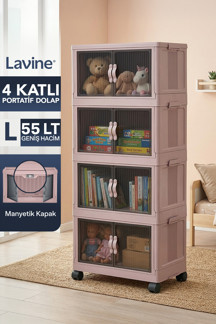 Lavine ”Large” 4 Katlı Portatif Organizer Tekerlekli Dolap Çok Amaçlı Mıknatıs Kapaklı Katlanır - Pudra - Image 1