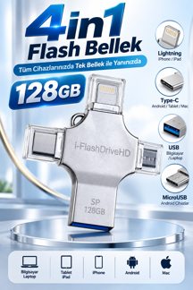 4in1 128GB Flash Bellek USB Type-C Lightning MicroUSB Çoklu Girişli Taşınabilir USB Bellek - Image 1