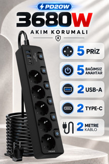 Enshall Yeni 3680W Pro Power Fultech 2Xtype-C Ve 2X Usb Girişli Anahtarlı 4Lü 2Mt Uzatma Kablolu Akım Korumalı Priz - Image 1