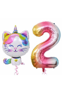 Parti Station Unicorn Kedi Renkli Folyo 2 Yaş Doğum Günü Balon Set PSUNICATPS - Image 1