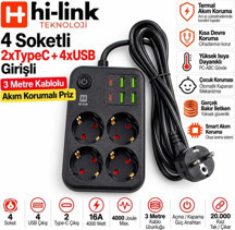 hi-link 4 Soketli 2xType-C +4xUSB Girişli 3 Metre Kablolu Akım Korumalı Priz - Image 1