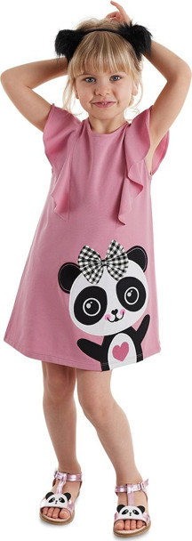 Panda Fırfır Detaylı Kız Çocuk Pembe Yazlık Elbise - Image 1
