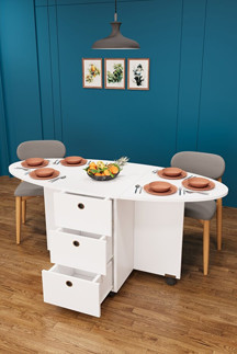 Asra Trend MDF Oval Katlanır Mutfak Yemek Çalışma Masası, 3 Çekmeceli, Beyaz, KM-08 - Image 1