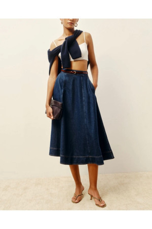 Vera Tekstil Kadın Lacivert Kloş Midi Denim Etek - Image 1