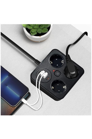 Vothoon Akım Korumalı Anahtarlı Priz - 3X Priz - 2X Usb - 2X Type-C - 2 mt Kablo Hızlı Şarj Özellikli Siyah - Image 1