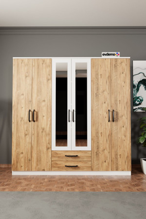 Evdemo Prag 6 Kapak 2 Çekmeceli Aynalı Gardırop Atlantik Çam Beyaz - Image 1