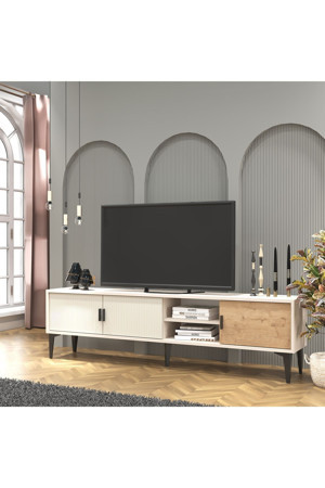 Cool Home Marin Tv Ünitesi Tv Sehpası 180 Cm Çizgi Desenli , Raflı , Sis Gri - Image 1