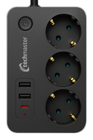 Techmaster 2 Usb + Type-C Akım ve Çocuk Korumalı 3lü Kare Priz 2mt - Image 1