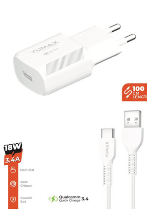 Yumax 18W Type-C Hızlı Şarj Adaptör 100Cm Kablo | 3.4A Şarj Başlık Ve Kablo Seti | Telefon Uyumlu - Image 1