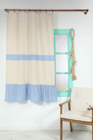 Cotton Maison Kornişli Vintage Mavi Naturel Perde 150X185 Cm - Image 1