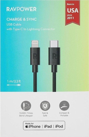 Ravpower Rp-Cb1016 Type-C To Lightning Cable 1M Tpe Black - Image 1